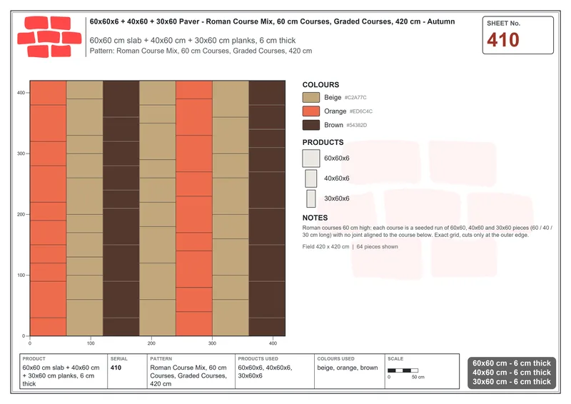 Interlock (Pasco) 60x60 cm · SQ66-410 · Roman Course Mix, 60 cm Courses, Graded Courses, 420 cm · Laying plan Interlock (Pasco) 60x60 cm · SQ66-410 · Roman Course Mix, 60 cm Courses, Graded Courses, 420 cm · Laying plan