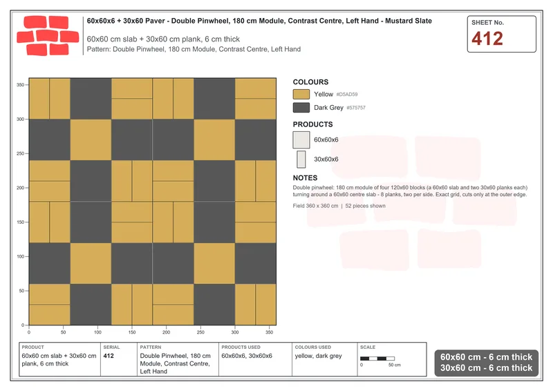 Interlock (Pasco) 60x60 cm · SQ66-412 · Double Pinwheel, 180 cm Module, Contrast Centre, Left Hand · Laying plan Interlock (Pasco) 60x60 cm · SQ66-412 · Double Pinwheel, 180 cm Module, Contrast Centre, Left Hand · Laying plan