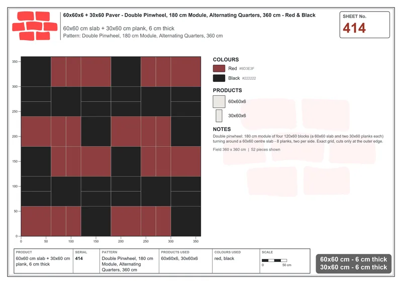 Interlock (Pasco) 60x60 cm · SQ66-414 · Double Pinwheel, 180 cm Module, Alternating Quarters, 360 cm · Laying plan Interlock (Pasco) 60x60 cm · SQ66-414 · Double Pinwheel, 180 cm Module, Alternating Quarters, 360 cm · Laying plan