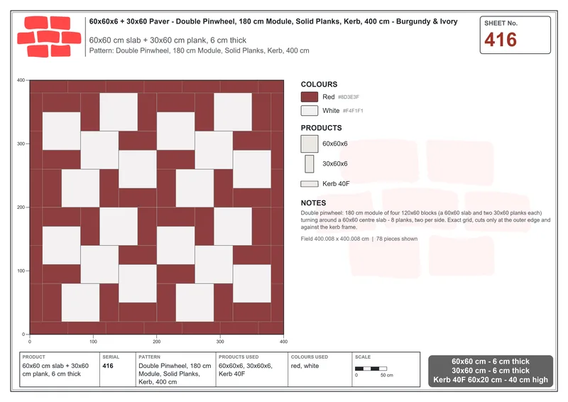 Interlock (Pasco) 60x60 cm · SQ66-416 · Double Pinwheel, 180 cm Module, Solid Planks, Kerb, 400 cm · Laying plan Interlock (Pasco) 60x60 cm · SQ66-416 · Double Pinwheel, 180 cm Module, Solid Planks, Kerb, 400 cm · Laying plan