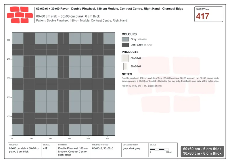 Interlock (Pasco) 60x60 cm · SQ66-417 · Double Pinwheel, 180 cm Module, Contrast Centre, Right Hand · Laying plan Interlock (Pasco) 60x60 cm · SQ66-417 · Double Pinwheel, 180 cm Module, Contrast Centre, Right Hand · Laying plan