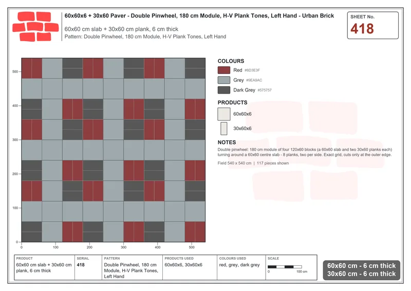 Interlock (Pasco) 60x60 cm · SQ66-418 · Double Pinwheel, 180 cm Module, H-V Plank Tones, Left Hand · Laying plan Interlock (Pasco) 60x60 cm · SQ66-418 · Double Pinwheel, 180 cm Module, H-V Plank Tones, Left Hand · Laying plan