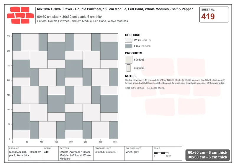 Interlock (Pasco) 60x60 cm · SQ66-419 · Double Pinwheel, 180 cm Module, Left Hand, Whole Modules · Laying plan Interlock (Pasco) 60x60 cm · SQ66-419 · Double Pinwheel, 180 cm Module, Left Hand, Whole Modules · Laying plan