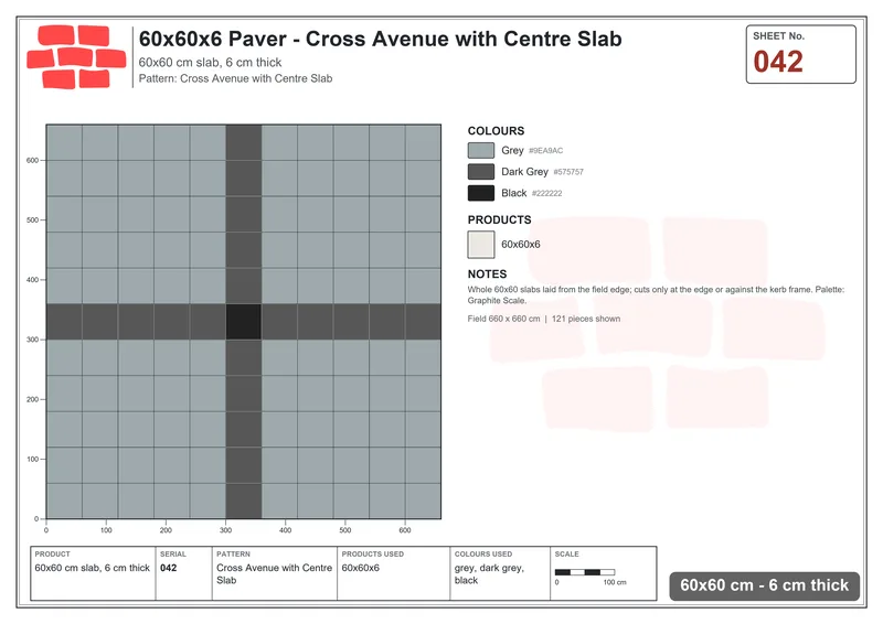 Interlock (Pasco) 60x60 cm · SQ66-42 · Cross Avenue with Centre Slab · Laying plan Interlock (Pasco) 60x60 cm · SQ66-42 · Cross Avenue with Centre Slab · Laying plan