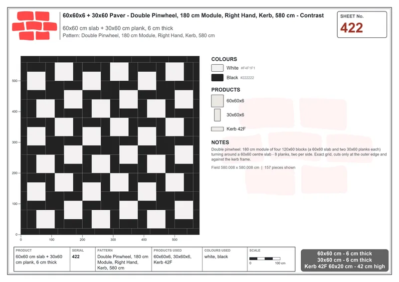 Interlock (Pasco) 60x60 cm · SQ66-422 · Double Pinwheel, 180 cm Module, Right Hand, Kerb, 580 cm · Laying plan Interlock (Pasco) 60x60 cm · SQ66-422 · Double Pinwheel, 180 cm Module, Right Hand, Kerb, 580 cm · Laying plan