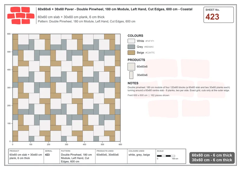 Interlock (Pasco) 60x60 cm · SQ66-423 · Double Pinwheel, 180 cm Module, Left Hand, Cut Edges, 600 cm · Laying plan Interlock (Pasco) 60x60 cm · SQ66-423 · Double Pinwheel, 180 cm Module, Left Hand, Cut Edges, 600 cm · Laying plan