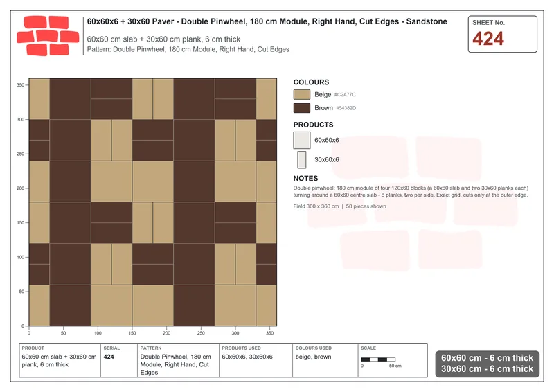 Interlock (Pasco) 60x60 cm · SQ66-424 · Double Pinwheel, 180 cm Module, Right Hand, Cut Edges · Laying plan Interlock (Pasco) 60x60 cm · SQ66-424 · Double Pinwheel, 180 cm Module, Right Hand, Cut Edges · Laying plan