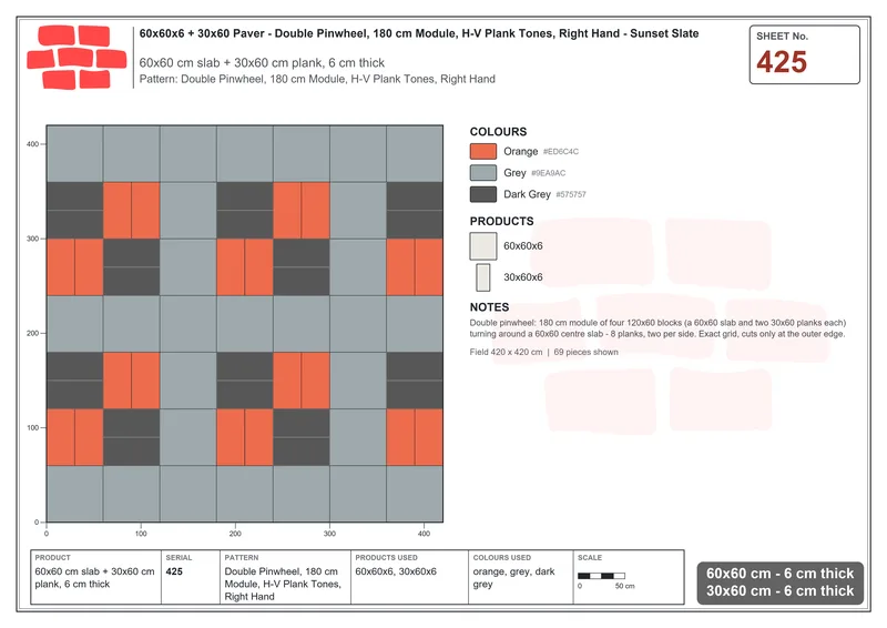 Interlock (Pasco) 60x60 cm · SQ66-425 · Double Pinwheel, 180 cm Module, H-V Plank Tones, Right Hand · Laying plan Interlock (Pasco) 60x60 cm · SQ66-425 · Double Pinwheel, 180 cm Module, H-V Plank Tones, Right Hand · Laying plan