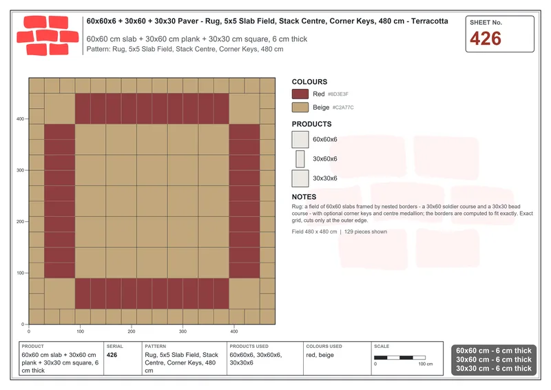 Interlock (Pasco) 60x60 cm · SQ66-426 · Rug, 5x5 Slab Field, Stack Centre, Corner Keys, 480 cm · Laying plan Interlock (Pasco) 60x60 cm · SQ66-426 · Rug, 5x5 Slab Field, Stack Centre, Corner Keys, 480 cm · Laying plan