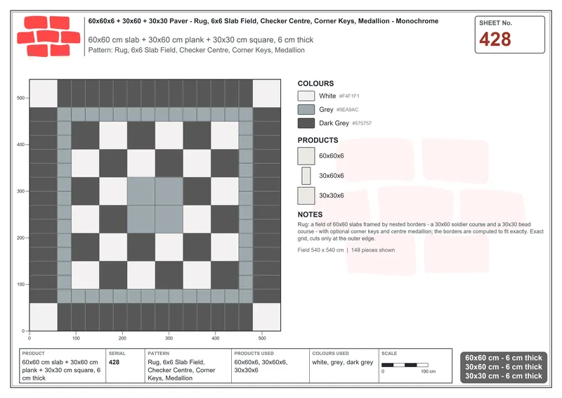 Interlock (Pasco) 60x60 cm · SQ66-428 · Rug, 6x6 Slab Field, Checker Centre, Corner Keys, Medallion · Laying plan Interlock (Pasco) 60x60 cm · SQ66-428 · Rug, 6x6 Slab Field, Checker Centre, Corner Keys, Medallion · Laying plan