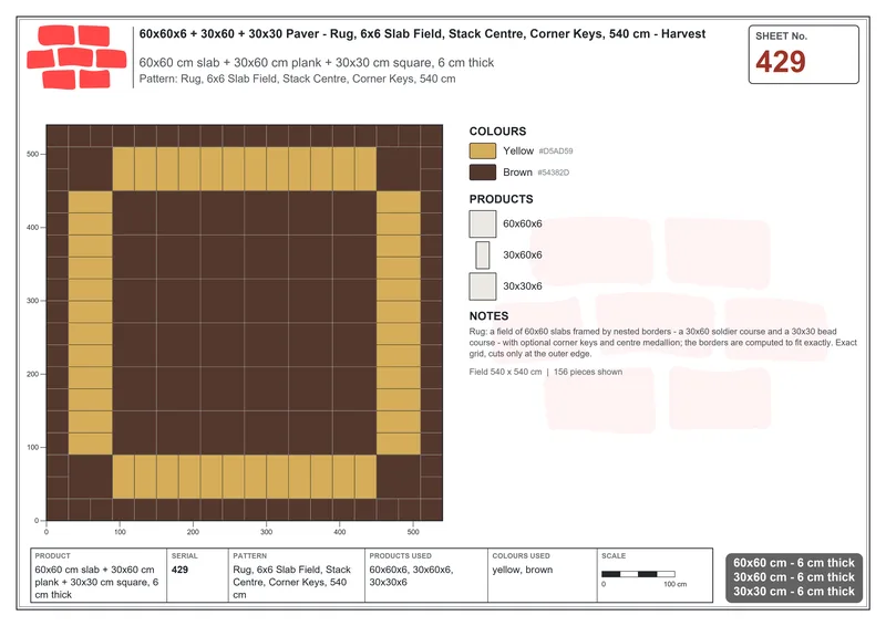 Interlock (Pasco) 60x60 cm · SQ66-429 · Rug, 6x6 Slab Field, Stack Centre, Corner Keys, 540 cm · Laying plan Interlock (Pasco) 60x60 cm · SQ66-429 · Rug, 6x6 Slab Field, Stack Centre, Corner Keys, 540 cm · Laying plan