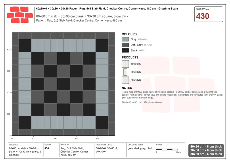 Interlock (Pasco) 60x60 cm · SQ66-430 · Rug, 5x5 Slab Field, Checker Centre, Corner Keys, 480 cm · Laying plan Interlock (Pasco) 60x60 cm · SQ66-430 · Rug, 5x5 Slab Field, Checker Centre, Corner Keys, 480 cm · Laying plan