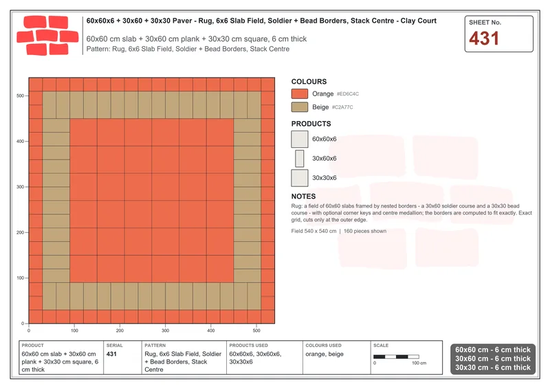 Interlock (Pasco) 60x60 cm · SQ66-431 · Rug, 6x6 Slab Field, Soldier + Bead Borders, Stack Centre · Laying plan Interlock (Pasco) 60x60 cm · SQ66-431 · Rug, 6x6 Slab Field, Soldier + Bead Borders, Stack Centre · Laying plan