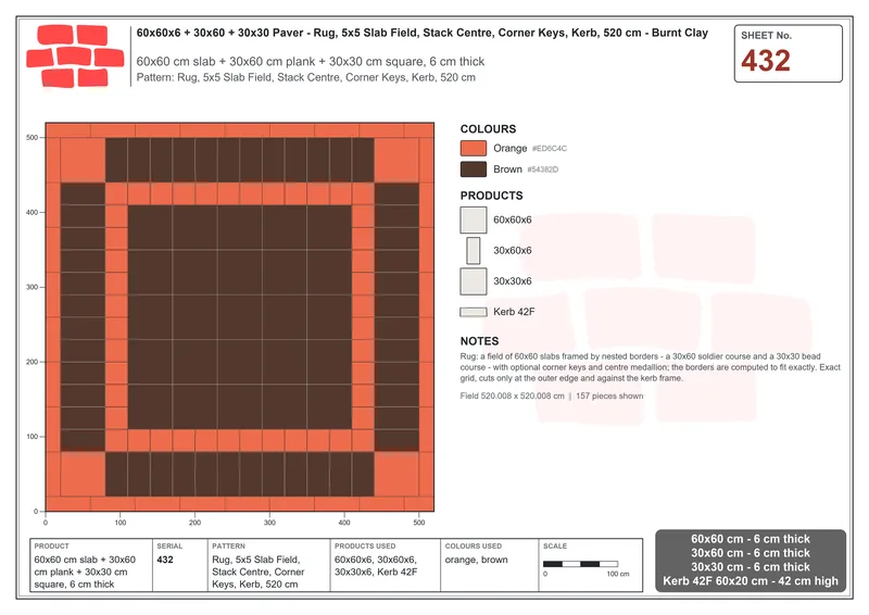 Interlock (Pasco) 60x60 cm · SQ66-432 · Rug, 5x5 Slab Field, Stack Centre, Corner Keys, Kerb, 520 cm · Laying plan Interlock (Pasco) 60x60 cm · SQ66-432 · Rug, 5x5 Slab Field, Stack Centre, Corner Keys, Kerb, 520 cm · Laying plan