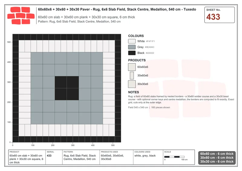 Interlock (Pasco) 60x60 cm · SQ66-433 · Rug, 6x6 Slab Field, Stack Centre, Medallion, 540 cm · Laying plan Interlock (Pasco) 60x60 cm · SQ66-433 · Rug, 6x6 Slab Field, Stack Centre, Medallion, 540 cm · Laying plan