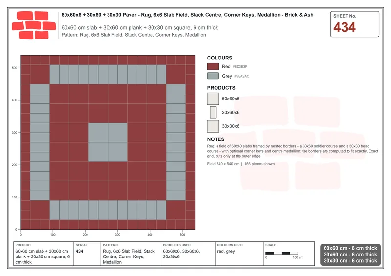 Interlock (Pasco) 60x60 cm · SQ66-434 · Rug, 6x6 Slab Field, Stack Centre, Corner Keys, Medallion · Laying plan Interlock (Pasco) 60x60 cm · SQ66-434 · Rug, 6x6 Slab Field, Stack Centre, Corner Keys, Medallion · Laying plan