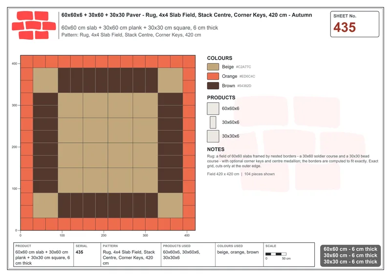Interlock (Pasco) 60x60 cm · SQ66-435 · Rug, 4x4 Slab Field, Stack Centre, Corner Keys, 420 cm · Laying plan Interlock (Pasco) 60x60 cm · SQ66-435 · Rug, 4x4 Slab Field, Stack Centre, Corner Keys, 420 cm · Laying plan
