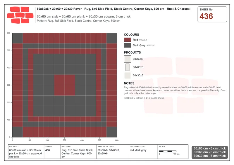 Interlock (Pasco) 60x60 cm · SQ66-436 · Rug, 6x6 Slab Field, Stack Centre, Corner Keys, 600 cm · Laying plan Interlock (Pasco) 60x60 cm · SQ66-436 · Rug, 6x6 Slab Field, Stack Centre, Corner Keys, 600 cm · Laying plan