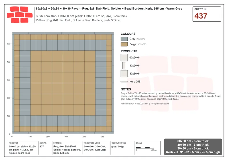 Interlock (Pasco) 60x60 cm · SQ66-437 · Rug, 6x6 Slab Field, Soldier + Bead Borders, Kerb, 565 cm · Laying plan Interlock (Pasco) 60x60 cm · SQ66-437 · Rug, 6x6 Slab Field, Soldier + Bead Borders, Kerb, 565 cm · Laying plan