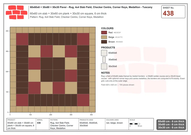 Interlock (Pasco) 60x60 cm · SQ66-438 · Rug, 4x4 Slab Field, Checker Centre, Corner Keys, Medallion · Laying plan Interlock (Pasco) 60x60 cm · SQ66-438 · Rug, 4x4 Slab Field, Checker Centre, Corner Keys, Medallion · Laying plan