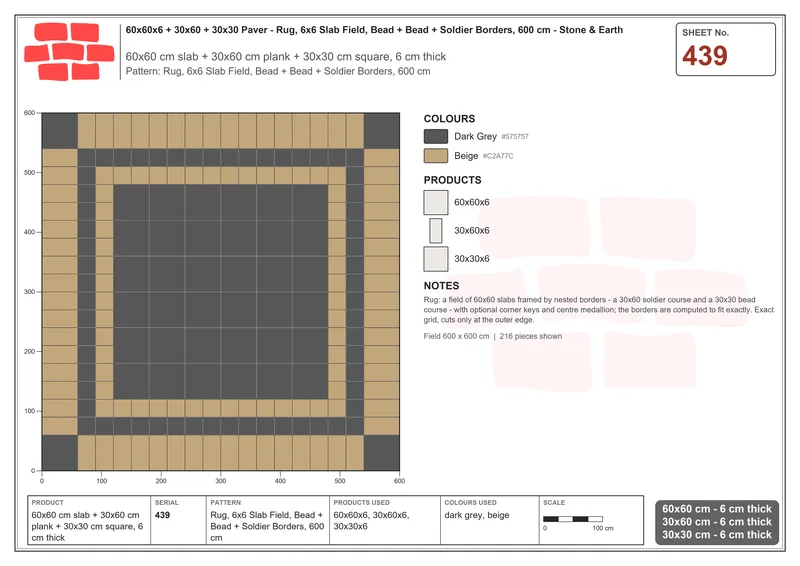 Interlock (Pasco) 60x60 cm · SQ66-439 · Rug, 6x6 Slab Field, Bead + Bead + Soldier Borders, 600 cm · Laying plan Interlock (Pasco) 60x60 cm · SQ66-439 · Rug, 6x6 Slab Field, Bead + Bead + Soldier Borders, 600 cm · Laying plan