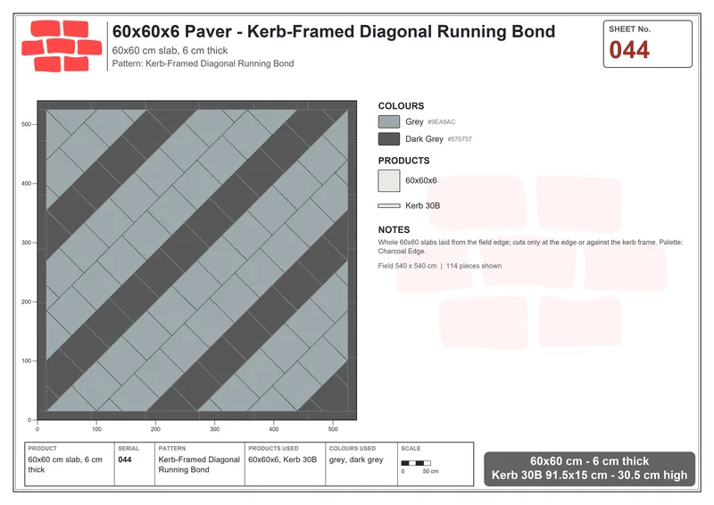 Interlock (Pasco) 60x60 cm · SQ66-44 · Kerb-Framed Diagonal Running Bond · Laying plan Interlock (Pasco) 60x60 cm · SQ66-44 · Kerb-Framed Diagonal Running Bond · Laying plan