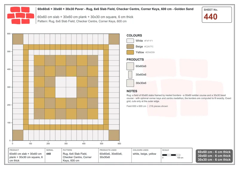 Interlock (Pasco) 60x60 cm · SQ66-440 · Rug, 6x6 Slab Field, Checker Centre, Corner Keys, 600 cm · Laying plan Interlock (Pasco) 60x60 cm · SQ66-440 · Rug, 6x6 Slab Field, Checker Centre, Corner Keys, 600 cm · Laying plan