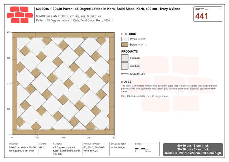 Interlock (Pasco) 60x60 cm · SQ66-441 · 45 Degree Lattice in Kerb, Solid Slabs, Kerb, 400 cm · Laying plan Interlock (Pasco) 60x60 cm · SQ66-441 · 45 Degree Lattice in Kerb, Solid Slabs, Kerb, 400 cm · Laying plan