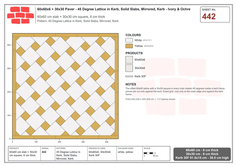 Interlock (Pasco) 60x60 cm · SQ66-442 · 45 Degree Lattice in Kerb, Solid Slabs, Mirrored, Kerb · Laying plan Interlock (Pasco) 60x60 cm · SQ66-442 · 45 Degree Lattice in Kerb, Solid Slabs, Mirrored, Kerb · Laying plan