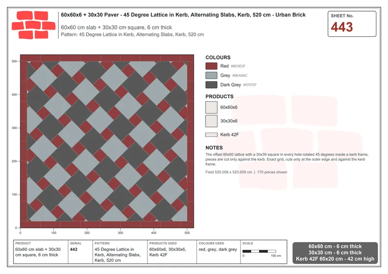 Interlock (Pasco) 60x60 cm · SQ66-443 · 45 Degree Lattice in Kerb, Alternating Slabs, Kerb, 520 cm · Laying plan Interlock (Pasco) 60x60 cm · SQ66-443 · 45 Degree Lattice in Kerb, Alternating Slabs, Kerb, 520 cm · Laying plan