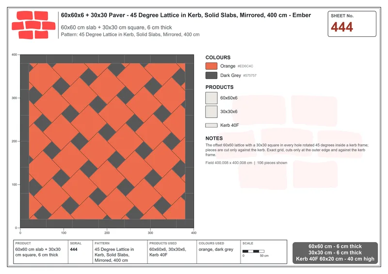 Interlock (Pasco) 60x60 cm · SQ66-444 · 45 Degree Lattice in Kerb, Solid Slabs, Mirrored, 400 cm · Laying plan Interlock (Pasco) 60x60 cm · SQ66-444 · 45 Degree Lattice in Kerb, Solid Slabs, Mirrored, 400 cm · Laying plan