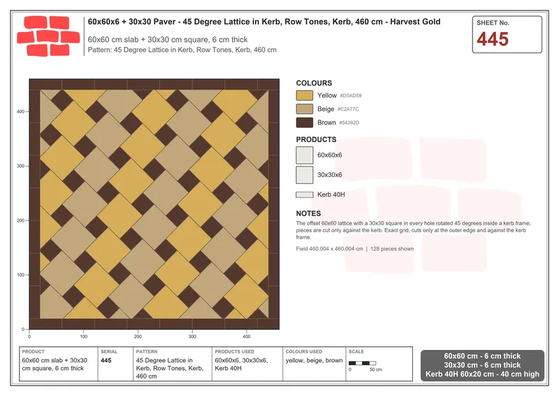 Interlock (Pasco) 60x60 cm · SQ66-445 · 45 Degree Lattice in Kerb, Row Tones, Kerb, 460 cm · Laying plan Interlock (Pasco) 60x60 cm · SQ66-445 · 45 Degree Lattice in Kerb, Row Tones, Kerb, 460 cm · Laying plan