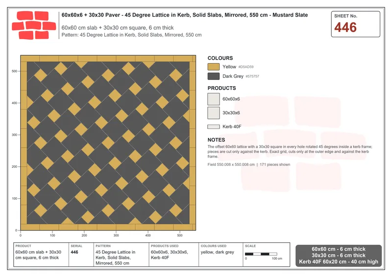Interlock (Pasco) 60x60 cm · SQ66-446 · 45 Degree Lattice in Kerb, Solid Slabs, Mirrored, 550 cm · Laying plan Interlock (Pasco) 60x60 cm · SQ66-446 · 45 Degree Lattice in Kerb, Solid Slabs, Mirrored, 550 cm · Laying plan