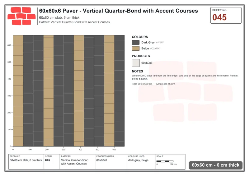 Interlock (Pasco) 60x60 cm · SQ66-45 · Vertical Quarter-Bond with Accent Courses · Laying plan Interlock (Pasco) 60x60 cm · SQ66-45 · Vertical Quarter-Bond with Accent Courses · Laying plan