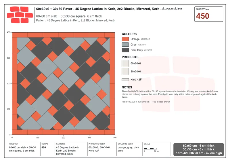 Interlock (Pasco) 60x60 cm · SQ66-450 · 45 Degree Lattice in Kerb, 2x2 Blocks, Mirrored, Kerb · Laying plan Interlock (Pasco) 60x60 cm · SQ66-450 · 45 Degree Lattice in Kerb, 2x2 Blocks, Mirrored, Kerb · Laying plan