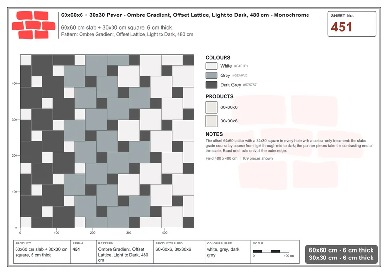 Interlock (Pasco) 60x60 cm · SQ66-451 · Ombre Gradient, Offset Lattice, Light to Dark, 480 cm · Laying plan Interlock (Pasco) 60x60 cm · SQ66-451 · Ombre Gradient, Offset Lattice, Light to Dark, 480 cm · Laying plan