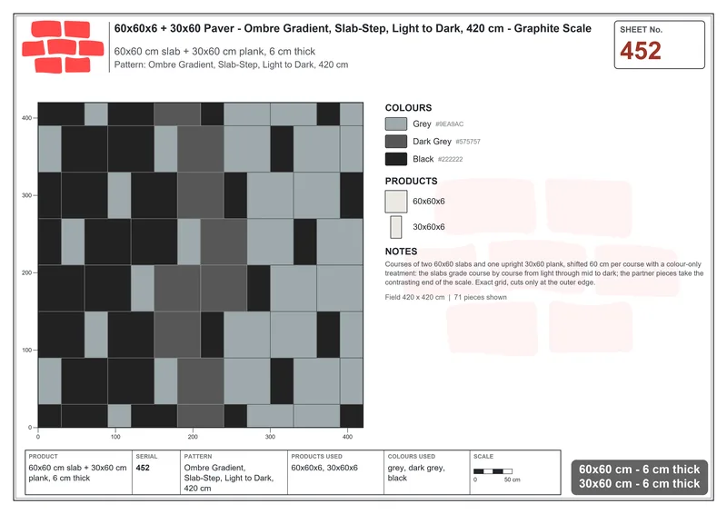 Interlock (Pasco) 60x60 cm · SQ66-452 · Ombre Gradient, Slab-Step, Light to Dark, 420 cm · Laying plan Interlock (Pasco) 60x60 cm · SQ66-452 · Ombre Gradient, Slab-Step, Light to Dark, 420 cm · Laying plan