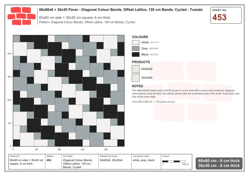 Interlock (Pasco) 60x60 cm · SQ66-453 · Diagonal Colour Bands, Offset Lattice, 120 cm Bands, Cycled · Laying plan Interlock (Pasco) 60x60 cm · SQ66-453 · Diagonal Colour Bands, Offset Lattice, 120 cm Bands, Cycled · Laying plan