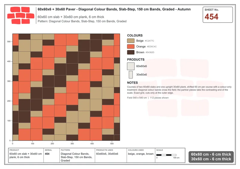 Interlock (Pasco) 60x60 cm · SQ66-454 · Diagonal Colour Bands, Slab-Step, 150 cm Bands, Graded · Laying plan Interlock (Pasco) 60x60 cm · SQ66-454 · Diagonal Colour Bands, Slab-Step, 150 cm Bands, Graded · Laying plan