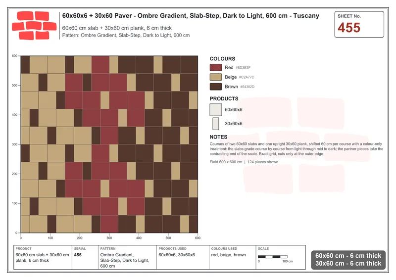 Interlock (Pasco) 60x60 cm · SQ66-455 · Ombre Gradient, Slab-Step, Dark to Light, 600 cm · Laying plan Interlock (Pasco) 60x60 cm · SQ66-455 · Ombre Gradient, Slab-Step, Dark to Light, 600 cm · Laying plan