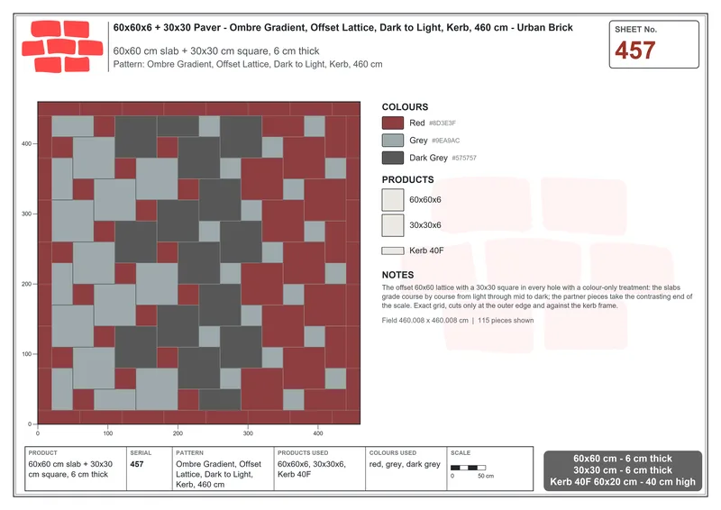 Interlock (Pasco) 60x60 cm · SQ66-457 · Ombre Gradient, Offset Lattice, Dark to Light, Kerb, 460 cm · Laying plan Interlock (Pasco) 60x60 cm · SQ66-457 · Ombre Gradient, Offset Lattice, Dark to Light, Kerb, 460 cm · Laying plan