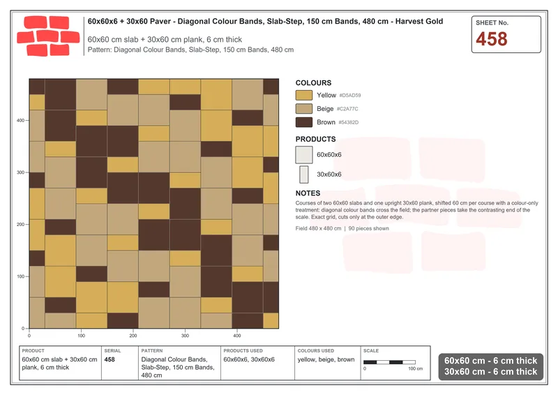 Interlock (Pasco) 60x60 cm · SQ66-458 · Diagonal Colour Bands, Slab-Step, 150 cm Bands, 480 cm · Laying plan Interlock (Pasco) 60x60 cm · SQ66-458 · Diagonal Colour Bands, Slab-Step, 150 cm Bands, 480 cm · Laying plan