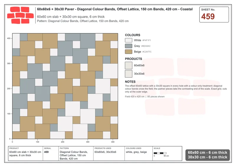Interlock (Pasco) 60x60 cm · SQ66-459 · Diagonal Colour Bands, Offset Lattice, 150 cm Bands, 420 cm · Laying plan Interlock (Pasco) 60x60 cm · SQ66-459 · Diagonal Colour Bands, Offset Lattice, 150 cm Bands, 420 cm · Laying plan