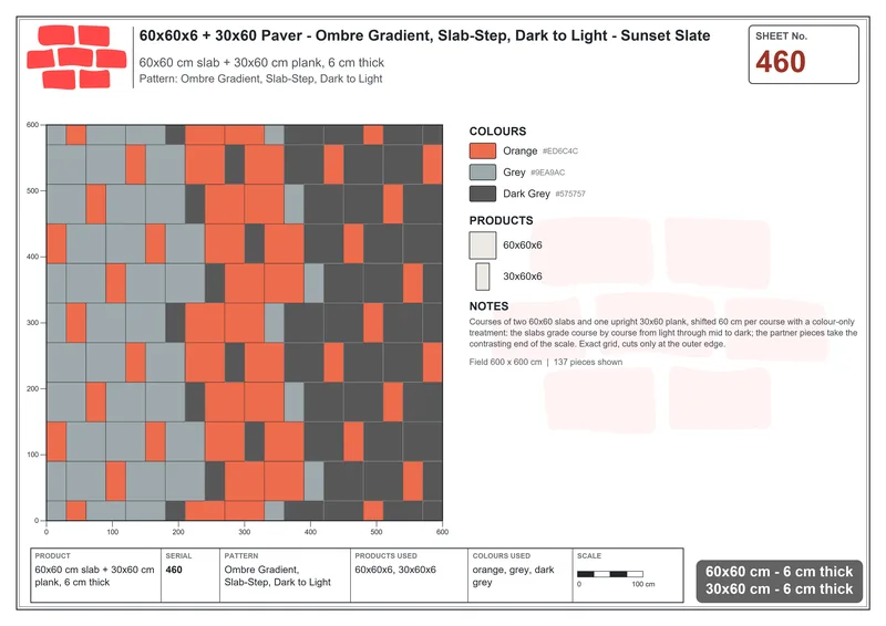 Interlock (Pasco) 60x60 cm · SQ66-460 · Ombre Gradient, Slab-Step, Dark to Light · Laying plan Interlock (Pasco) 60x60 cm · SQ66-460 · Ombre Gradient, Slab-Step, Dark to Light · Laying plan