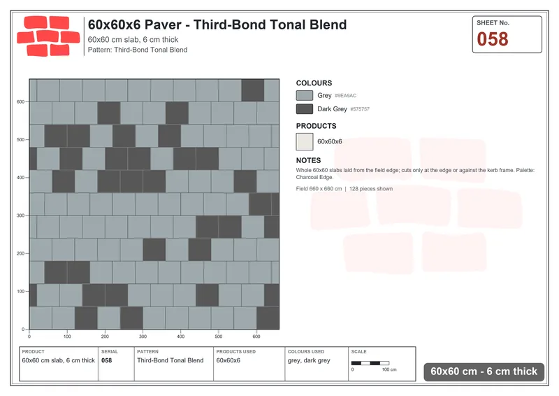 Interlock (Pasco) 60x60 cm · SQ66-58 · Vertical Half-Bond Tonal Blend · Laying plan Interlock (Pasco) 60x60 cm · SQ66-58 · Vertical Half-Bond Tonal Blend · Laying plan