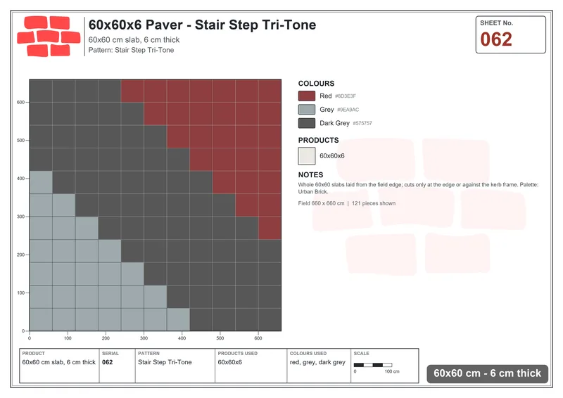 Interlock (Pasco) 60x60 cm · SQ66-62 · Vertical Quarter-Bond with Accent Course Every Fourth · Laying plan Interlock (Pasco) 60x60 cm · SQ66-62 · Vertical Quarter-Bond with Accent Course Every Fourth · Laying plan