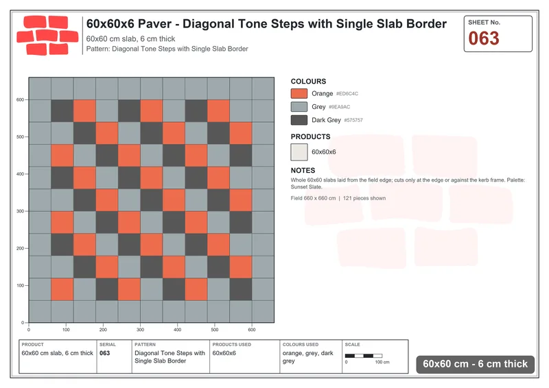Interlock (Pasco) 60x60 cm · SQ66-63 · Diagonal Tone Steps with Single Slab Border · Laying plan Interlock (Pasco) 60x60 cm · SQ66-63 · Diagonal Tone Steps with Single Slab Border · Laying plan