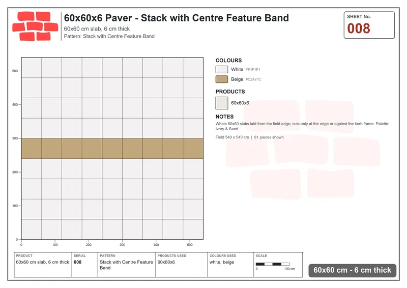 Interlock (Pasco) 60x60 cm · SQ66-8 · Stack with Centre Feature Band · Laying plan Interlock (Pasco) 60x60 cm · SQ66-8 · Stack with Centre Feature Band · Laying plan