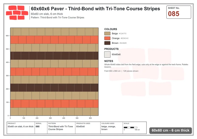 Interlock (Pasco) 60x60 cm · SQ66-85 · Diagonal with Tri-Tone Course Stripes · Laying plan Interlock (Pasco) 60x60 cm · SQ66-85 · Diagonal with Tri-Tone Course Stripes · Laying plan