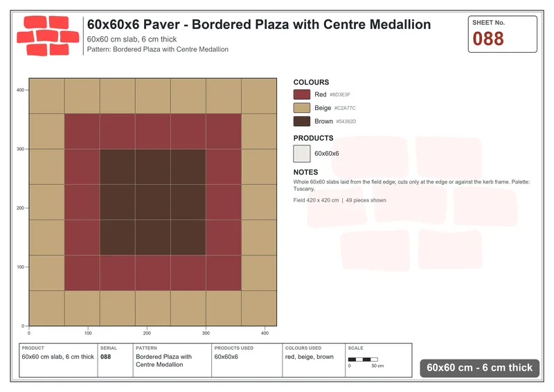 Interlock (Pasco) 60x60 cm · SQ66-88 · Bordered Plaza with Centre Medallion · Laying plan Interlock (Pasco) 60x60 cm · SQ66-88 · Bordered Plaza with Centre Medallion · Laying plan